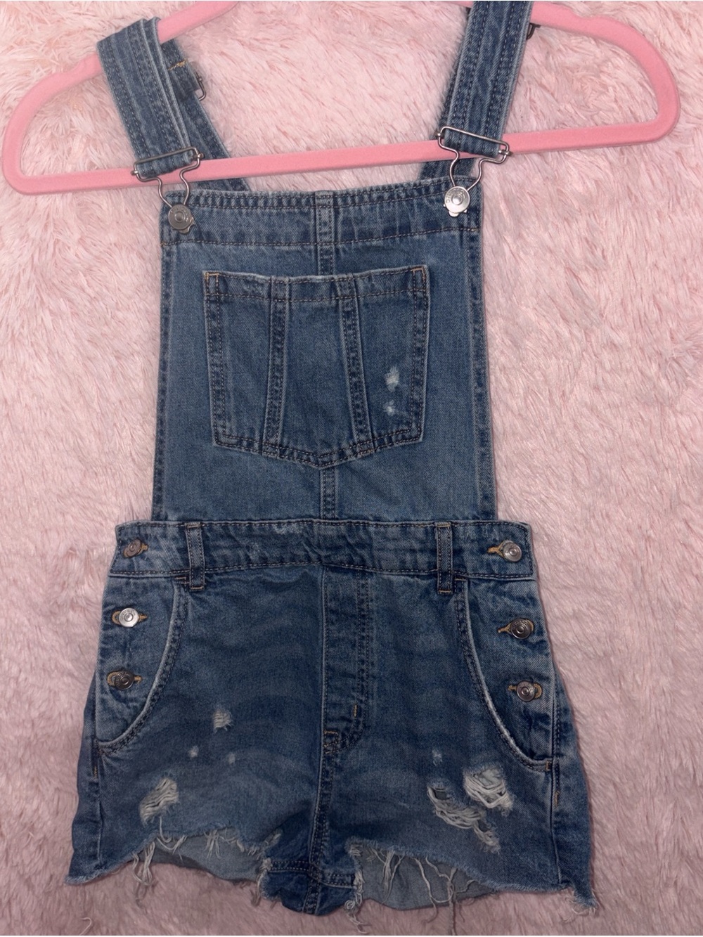 Denim Blue Distressed Short Overalls